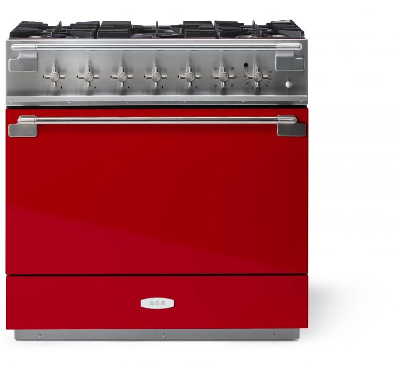 AGA Elise 36 Dual Fuel Range w/ Brass Accents, Piccadilly Red