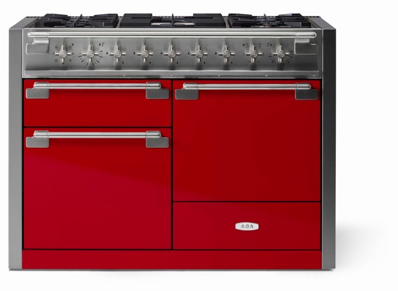 AGA Elise 48 Dual Fuel Range w/ Brass Accents, Piccadilly Red